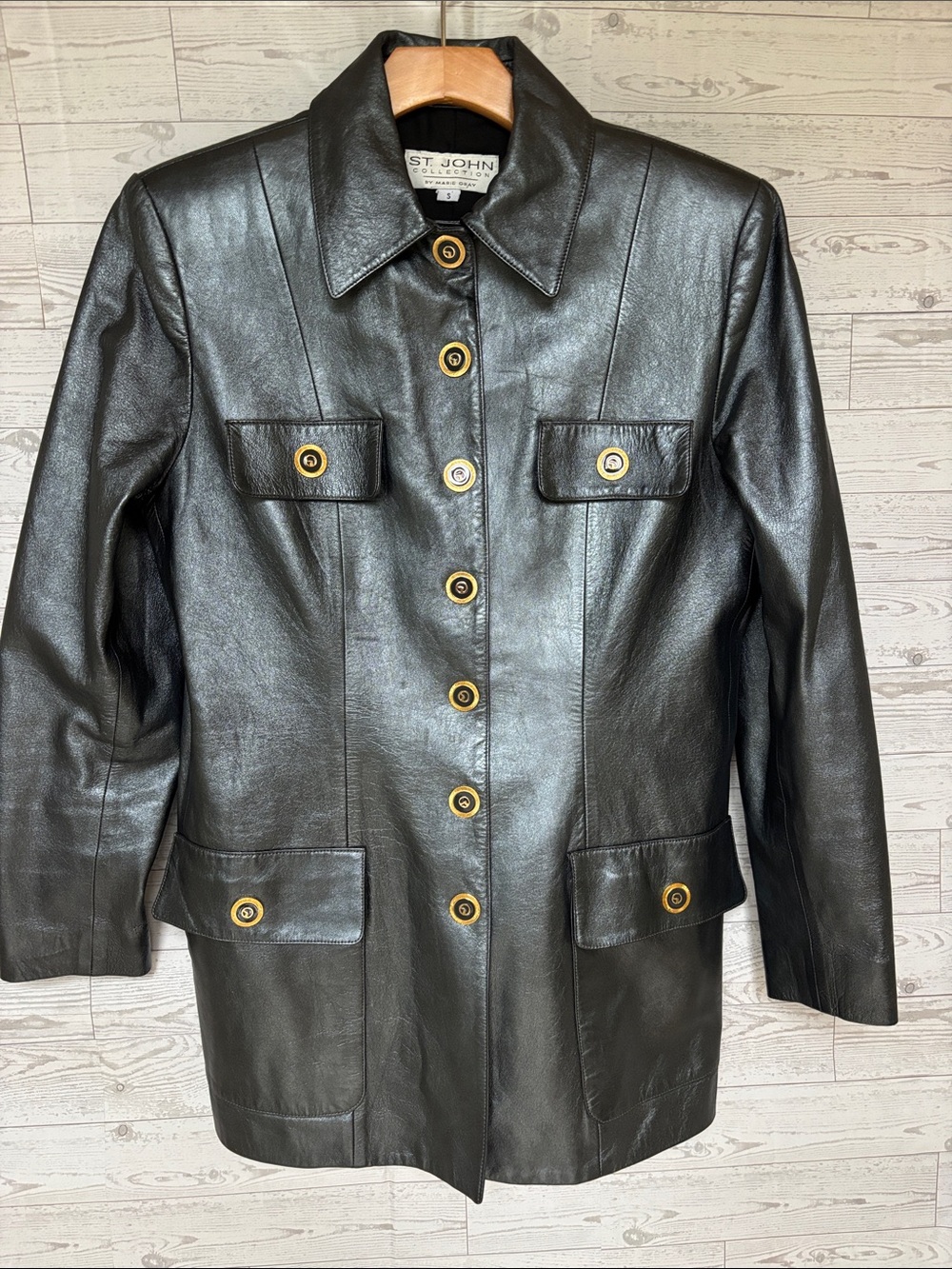 St John Collection Leather Jacket Gunmetal Metallic Coat gold snaps military